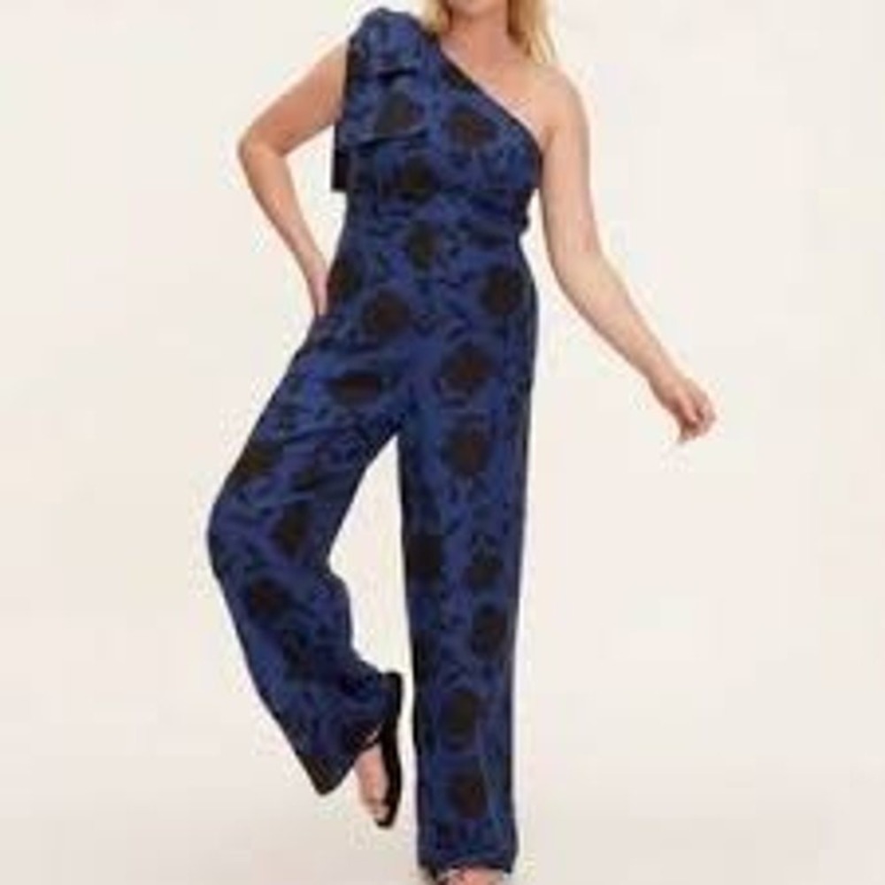 Kate Spade NEW Blue Black Floral One Shoulder Jumpsuit SZ 2 Wide Leg Glam